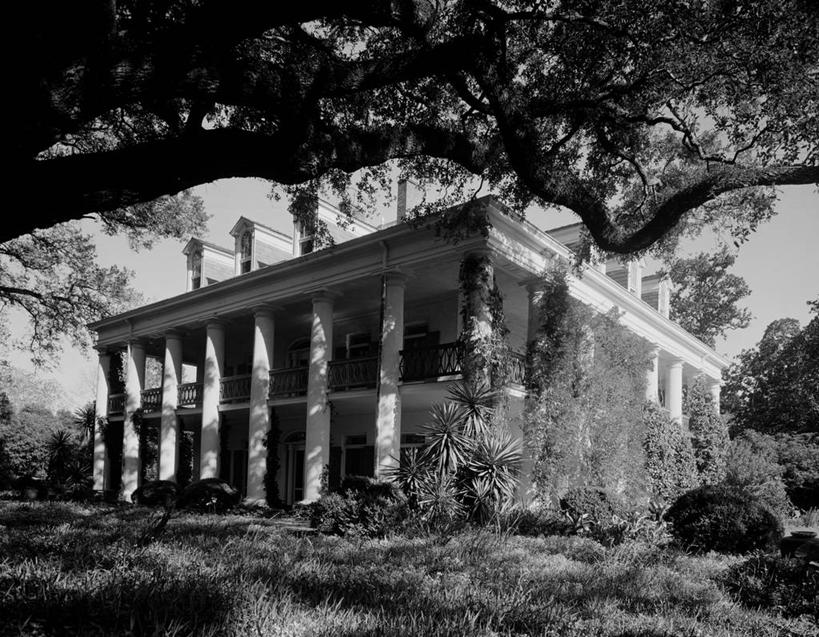 无人,横图,黑白,室外,白天,建筑,日光,美国,柱子,古典,历史,草,树,摄影,路易斯安那州,森林别墅