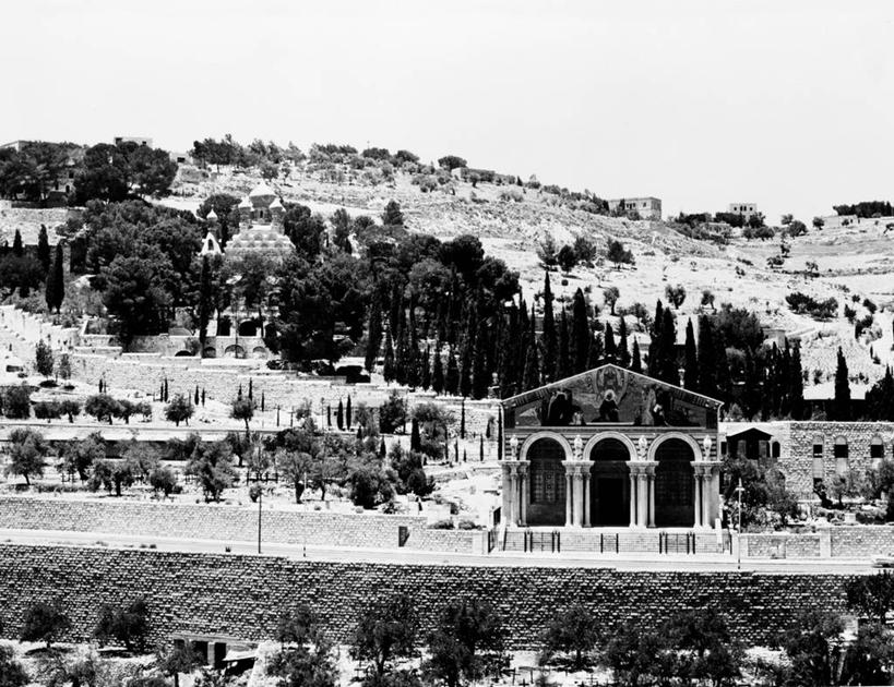 无人,教堂,横图,黑白,室外,白天,山,建筑,棕榈树,以色列,美国,花纹,图案,柱子,拱门,古城,首都,历史,摄影,基督教,耶路撒冷,灵性,耶路撒冷旧城