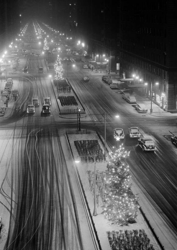 无人,竖图,俯视,黑白,室外,夜晚,消失点,复古,雪,道路,路,公路,汽车,纽约,美国,圣诞节,冬天,圣诞树,路口,交通,树,运输,摄影,照亮,马路,高角度拍摄,公园大道,轮胎印