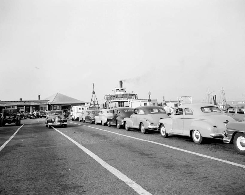 无人,横图,黑白,室外,白天,路,汽车,美国,一排,整齐,联系,方向,排列,运输,摄影,罗得岛,渡轮,队列,等,詹姆斯敦