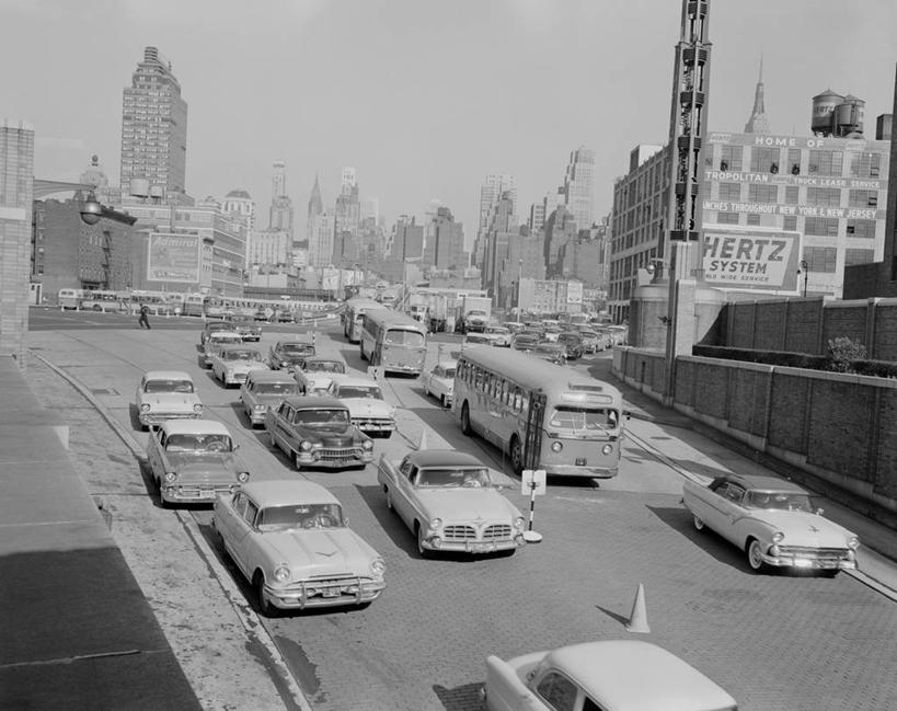 横图,俯视,黑白,室外,白天,天际线,街道,汽车,纽约,美国,巴士,交通,运输,摄影,高角度拍摄