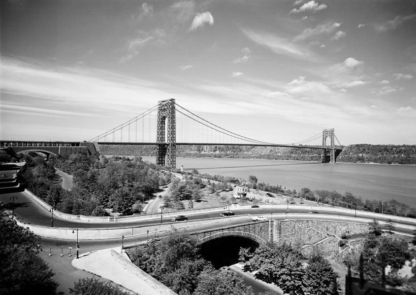 无人,横图,俯视,黑白,室外,白天,城市,建筑,日光,纽约,美国,弯曲,联系,哈德逊河,摄影,吊桥,宁静,工程,高角度拍摄