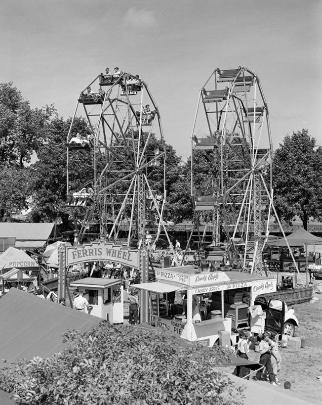 游乐园,竖图,黑白,室外,白天,日光,美国,树,摄影,灌木,群众,大转轮