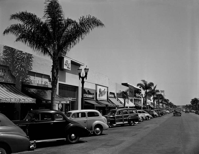 无人,横图,黑白,室外,白天,建筑,街道,指示牌,汽车,棕榈树,美国,一排,整齐,标志,文字,古典,标识,排列,地标建筑,运输,摄影,停止,队列,加利福尼亚,暂停,停滞,贝弗利山,彩图