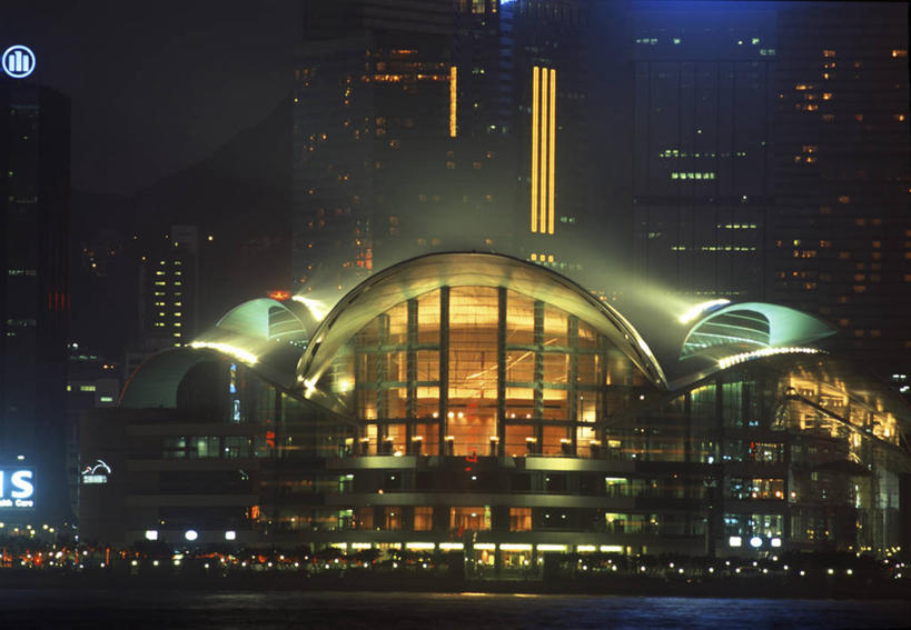 无人,横图,室外,夜晚,城市,建筑,摩天大楼,香港,拱门,现代,摄影,照亮,会议中心,发展,彩图