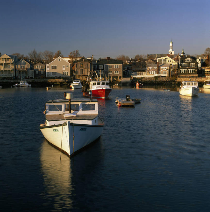 无人,码头,横图,竖图,室外,白天,海洋,水,港口,建筑,船,美国,反射,城镇,渔船,蓝色,运输,摄影,北美,万里无云,马萨诸塞,埃塞克斯郡,彩图,旅行,摆渡口,埠头,渡口,渡头,港湾,海港,货运码头,口岸,商港