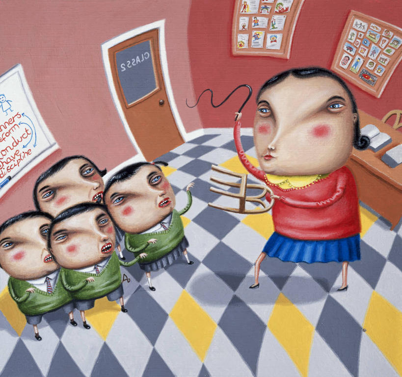 儿童,成年人,人群,学生,教师,横图,插画,室内,数码,科技,门,椅子,五个人,表演,阴影,艺术,网络,高光,几何,计算机图形,教育,合成,图画,拿着,书桌,画,黑板,教室,校服,英文字母,电脑合成图,数码合成图,控制,恐怖,合成图,文学,鞭子,漫画,处罚,写实,具体,具象,贡献,式样,驯兽师,恐惧,男孩,女孩,女人,彩图,超现实主义,流派,艺术流派