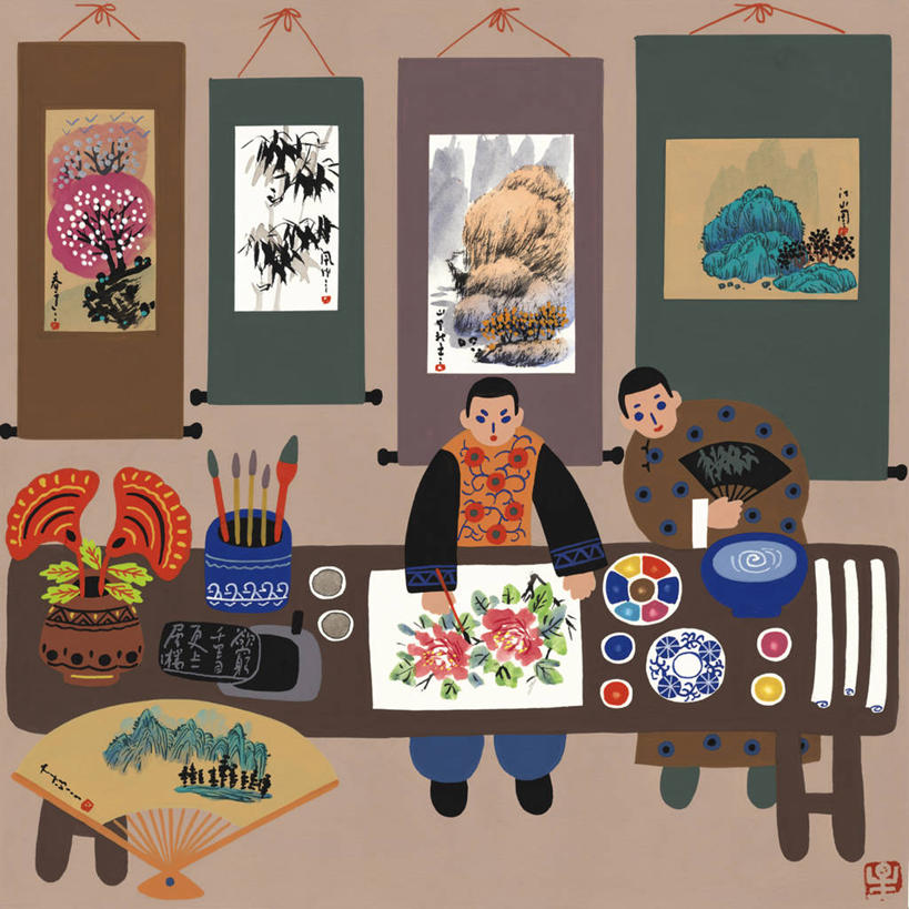 成年人,头发,两个人,坐,方图,插画,室内,白天,绘画,车间,数码,科技,桌子,阴影,艺术,网络,扇子,艺术品,高光,几何,计算机图形,古典,合成,图画,文化,画,花,黑色,画笔,工艺品,品味,艺术家,创意,颜料,美术,电脑合成图,数码合成图,创造力,高雅,合成图,漫画,创新,写实,具体,具象,美学,新意,美术工艺,设计,彩图,传统服装,美术工作室,传统文化