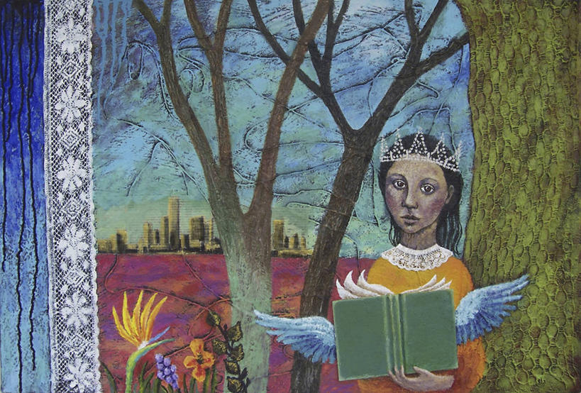 成年人,一个人,横图,插画,室外,白天,绘画,数码,科技,天际线,城市,摩天大楼,油画,仅一个年轻女性,仅一个女性,仅一个人,阴影,艺术,网络,高光,几何,计算机图形,古典,合成,图画,拿着,文化,画,花,树干,天空,工艺品,品味,思考,幻想,读书,美术,电脑合成图,数码合成图,高雅,合成图,肖像,梦想,漫画,想象,天堂鸟花,写实,具体,具象,美学,悲哀,想法,美术工艺,年轻女性,女人,女性,年轻人,书,王冠,半身,彩图