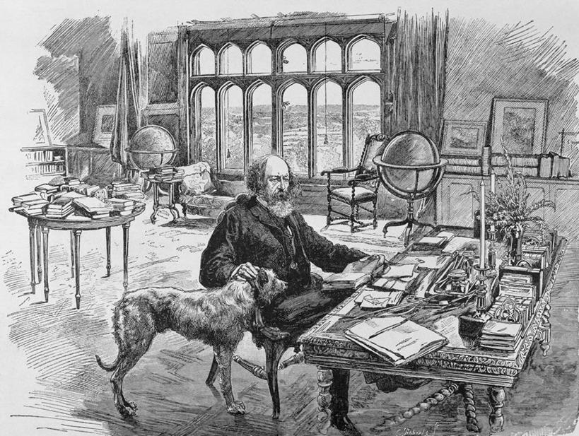 成年人,老年人,胡须,一个人,图书馆,坐,横图,黑白,插画,室内,白天,数码,科技,桌子,狗,仅一个男性,仅一个人,阴影,网络,地球仪,高光,几何,计算机图形,教育,二郎腿,合成,图画,历史,画,仅一个老年男性,电脑合成图,数码合成图,合成图,文学,漫画,写实,具体,具象,诗人,丁尼生,老年男性,男人,男性,胡子,络腮胡,书