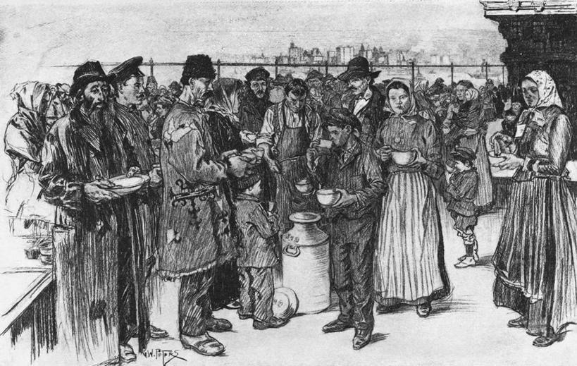 儿童,成年人,人群,站,横图,插画,室外,白天,数码,科技,帽子,鞋子,美国,阴影,列队,网络,头巾,头饰,汤,许多人,高光,几何,计算机图形,合成,图画,拿着,饮食,画,发饰,容器,碗,排队,一群人,电脑合成图,数码合成图,合成图,上菜,漫画,美国文化,写实,具体,具象,男人,女人,彩图,过去