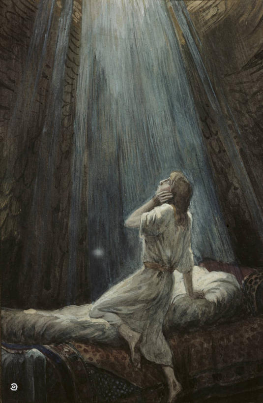 成年人,一个人,竖图,插画,室内,夜晚,绘画,通讯,数码,科技,床,卧室,日光,仅一个男性,撑,阴影,睡衣,艺术,网络,长袍,高光,几何,计算机图形,古典,宏伟,合成,图画,托腮,历史,文化,画,背面,工艺品,靠,靠着,品味,祈祷,托,向上看,宗教,灵感,美术,电脑合成图,数码合成图,高雅,基督教,合成图,托下巴,漫画,写实,具体,具象,美学,灵性,美术工艺,彩图,浴衣,神