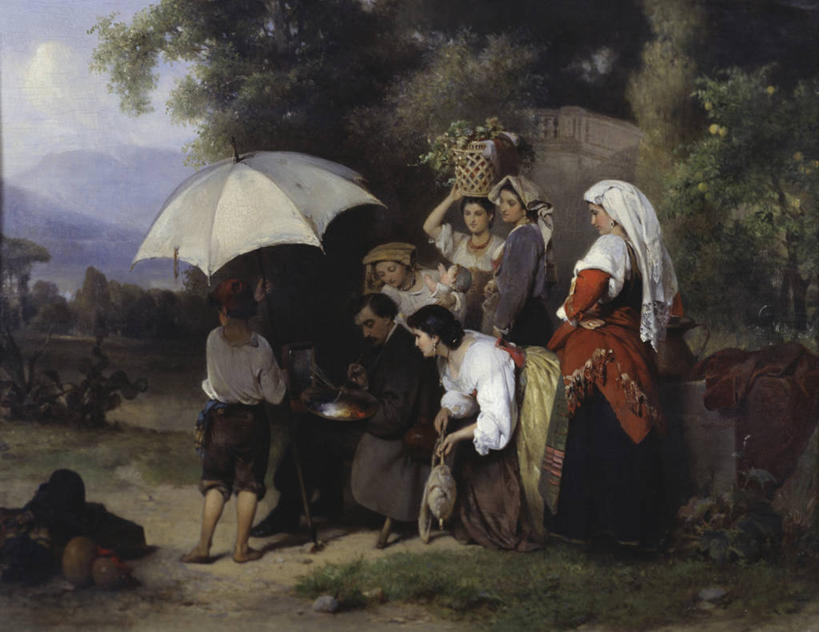 儿童,成年人,人群,站,坐,横图,插画,室外,白天,旅游,度假,绘画,数码,科技,草地,美景,山脉,油画,阴影,艺术,网络,伞,景观,小路,高光,几何,计算机图形,古典,合成,图画,拿着,文化,娱乐,画,树,自然,工艺品,品味,享受,休闲,赤脚,表,景色,放松,美术,电脑合成图,数码合成图,高雅,合成图,自然风光,手艺,漫画,颜料盘,写实,具体,具象,美学,技能,美术工艺,男孩,男人,女人,彩图,传统服装