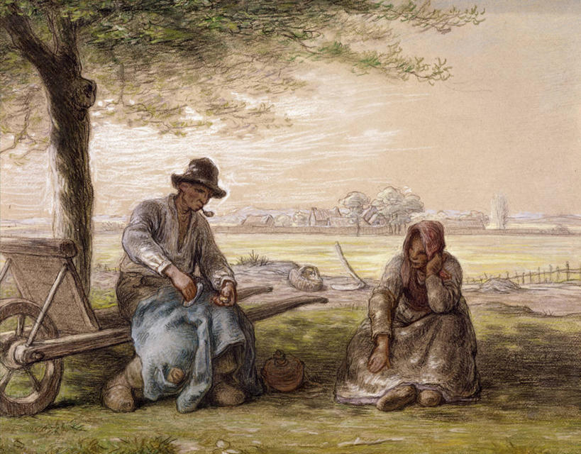 成年人,两个人,画家,坐,吸烟,横图,插画,室外,白天,农业,数码,科技,阴影,网络,推车,田地,高光,几何,计算机图形,合成,图画,托腮,休闲装,画,树,工人,天空,职业,休息,艺术家,烟斗,电脑合成图,数码合成图,合成图,画师,漫画,法国文化,写实,具体,具象,男人,女人,员工,彩图,匠人,劳动者,体力工,让.弗朗西斯科米勒