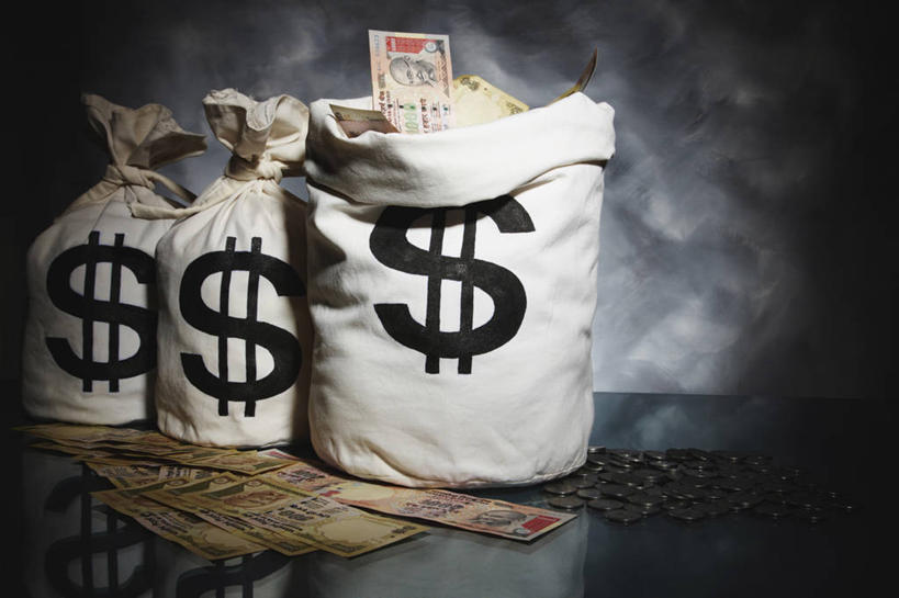 无人,横图,灰色背景,丰富,包,灰色,夸张,金融,纸币,摄影,偷盗,美元符号,硬币,彩图,影棚拍摄