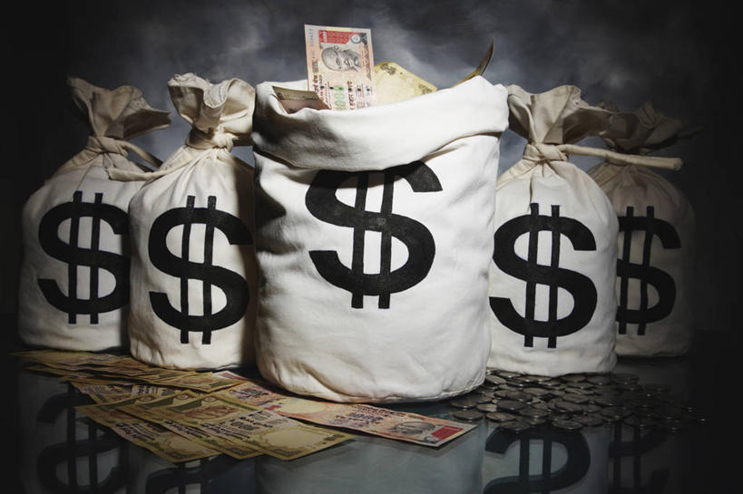 无人,横图,灰色背景,丰富,包,灰色,夸张,金融,纸币,摄影,偷盗,美元符号,硬币,彩图,影棚拍摄