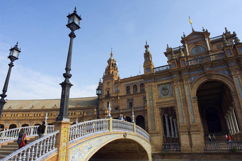 无人,横图,室外,建筑,路灯,西班牙,欧洲,柱子,拱门,宏伟,摄影,华贵,安达路西亚,塞维尔,柱廊,彩图