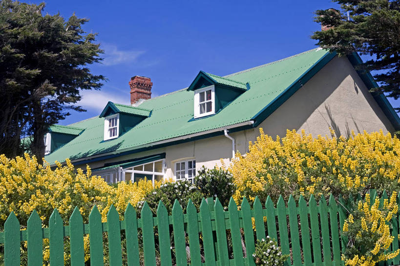 无人,家,栏杆,横图,室外,别墅,房屋,庭院,屋顶,屋子,公寓,围栏,洋房,护栏,楼房,住宅,花,黄色,绿色,摄影,锡,住房,英国文化,金雀花,福克兰群岛,彩图,房子