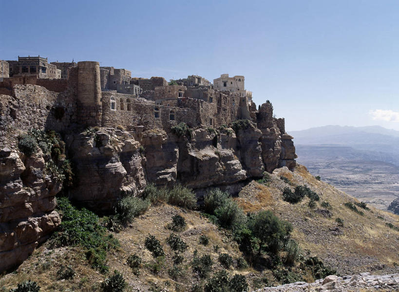 无人,横图,室外,山,也门,地形,悬崖,城镇,陡峭,摄影,峭壁,保护,要塞,彩图