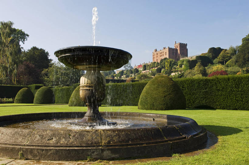 无人,横图,旅游,度假,水,喷泉,英国,正装,园艺,宏伟,摄影,高雅,威尔士,紫杉,树篱,彩图,旅行,波威斯城堡