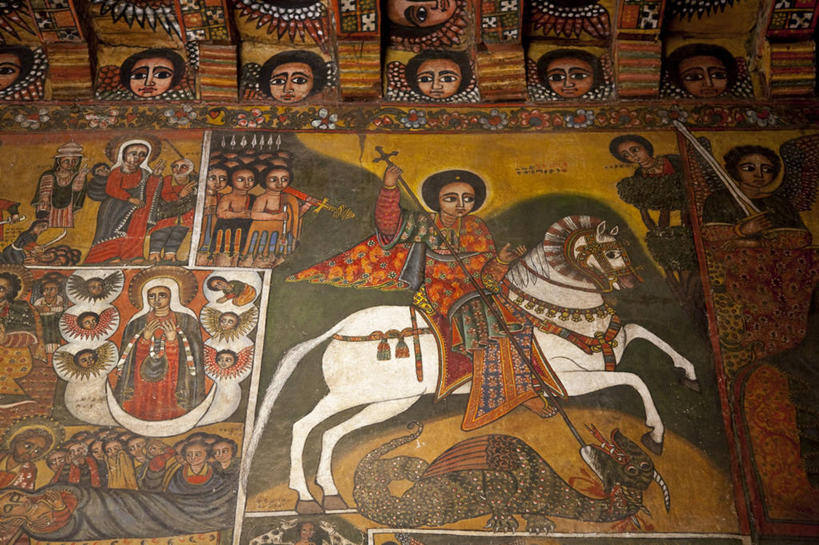 无人,教堂,横图,室内,非洲,埃塞俄比亚,龙,壁画,地标建筑,摄影,宗教,基督教,作画,圣乔治,彩图,联合国教科文组织