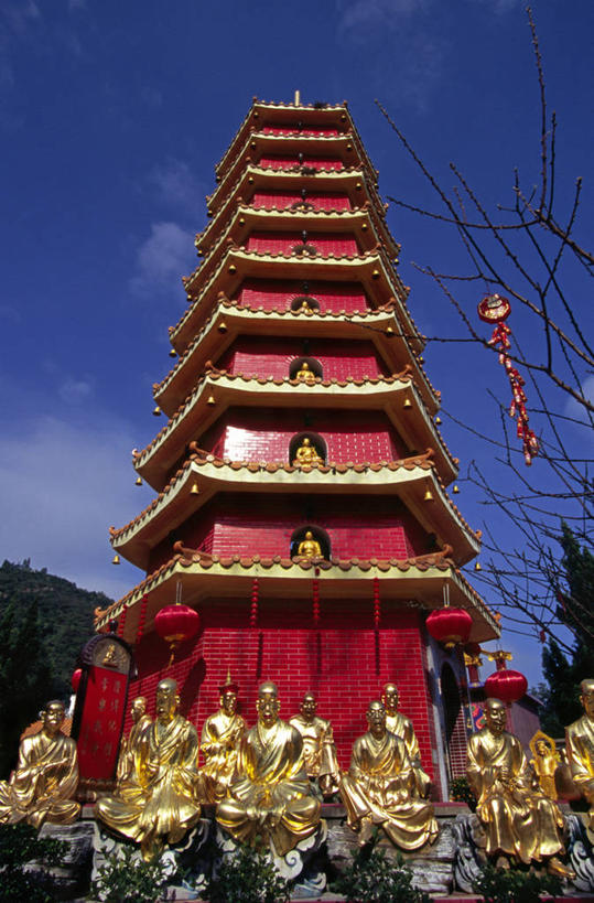 无人,寺庙,竖图,建筑,雕塑,香港,亚洲,雕像,塔,佛,宝塔,红色,蓝色,天空,金色,摄影,宗教,佛教,神殿,宗教建筑,中国文化,新界,沙田,彩图,旅行,万佛寺