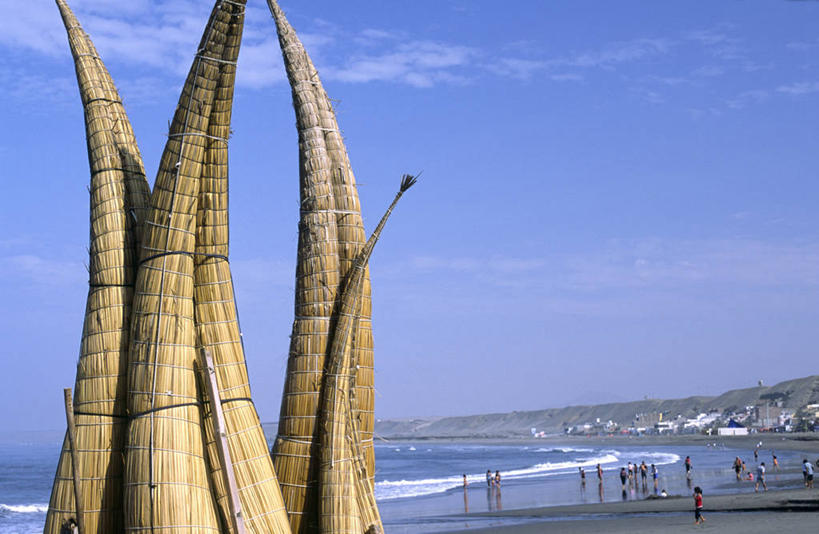 无人,横图,室外,船,芦苇,秘鲁,地形,海岸线,稻草,北,草,南美,摄影,横梁,太平洋,独木舟,横杆,美术工艺,海滩,彩图,旅行,传统文化