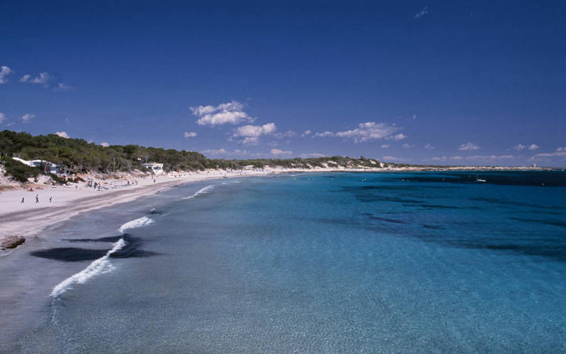 无人,横图,室外,度假,水,西班牙,欧洲,沙子,地形,海岸线,蓝色,天空,波浪,摄影,地中海,海景,潮汐,伊比沙岛,海滩,彩图