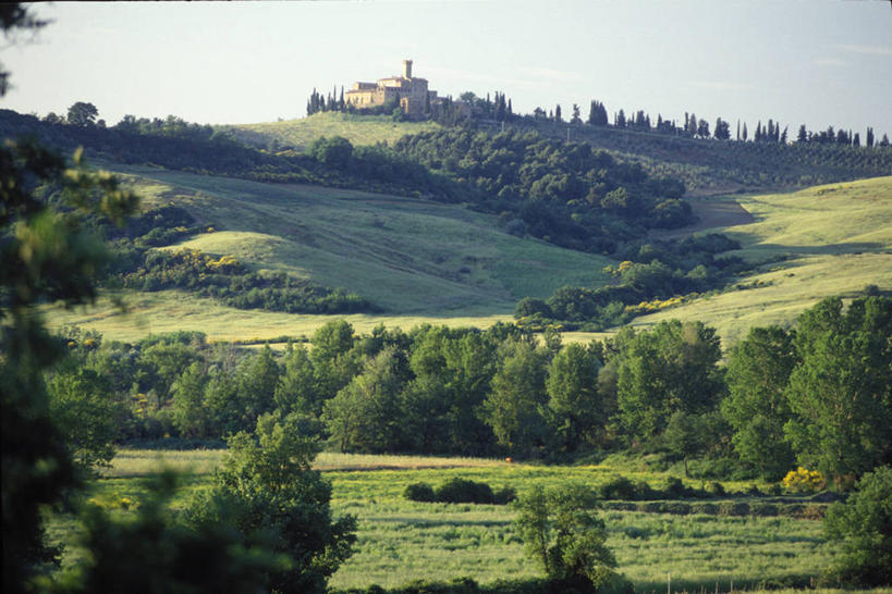 无人,横图,室外,山,意大利,欧洲,地形,钟楼,山谷,葡萄园,树,摄影,宗教,宗教建筑,修道院,托斯卡纳区,白杨,彩图