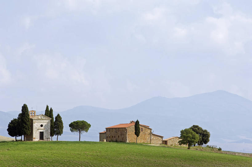 无人,农场,教堂,横图,室外,农业,美景,山,山脉,建筑,意大利,欧洲,房屋,景观,树,自然,景色,摄影,宗教,自然风光,托斯卡纳区,维得斯卡,皮恩札,农舍,彩图