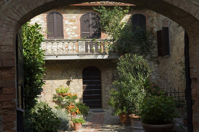 无人,横图,植物,阳台,花盆,意大利,欧洲,百叶窗,房屋,庭院,拱门,摄影,豪宅,托斯卡纳区,彩图