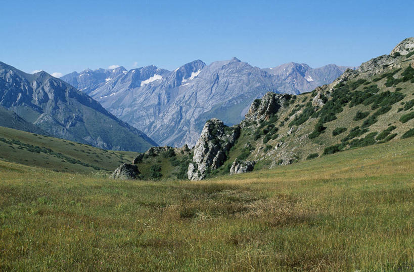 无人,横图,室外,山,山脉,哈萨克斯坦,亚洲,地形,山顶,草,摄影,宁静,中亚,天山山脉,岩石,彩图,山景城