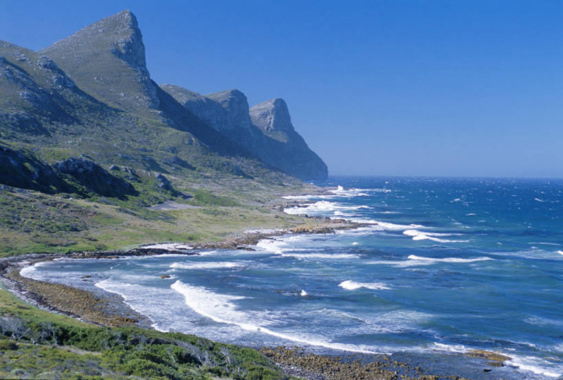 无人,横图,室外,留白,海浪,海洋,山,山脉,非洲,南非,沙子,地形,海岸线,悬崖,蓝色,风景,天空,自然,波浪,大西洋,摄影,碰撞,海景,潮汐,海滩,岩石,彩图,开普半岛