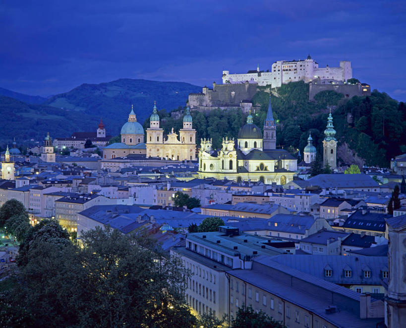 无人,教堂,横图,室外,夜晚,天际线,城市,欧洲,城堡,摄影,西欧,萨尔茨堡,彩图