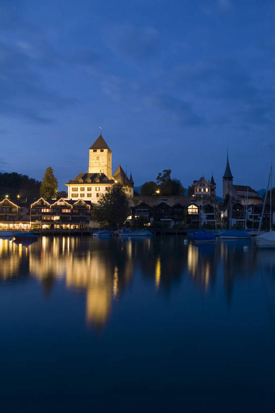 无人,竖图,室外,夜晚,瑞士,欧洲,城堡,图恩湖,摄影,西欧,彩图