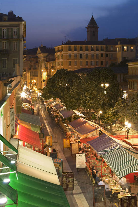 无人,竖图,俯视,夜晚,法国,欧洲,城镇,古城,花市,黄昏,摄影,照亮,西欧,地中海,普罗旺斯,法国文化,尼斯,彩图,高角度拍摄,咖啡馆