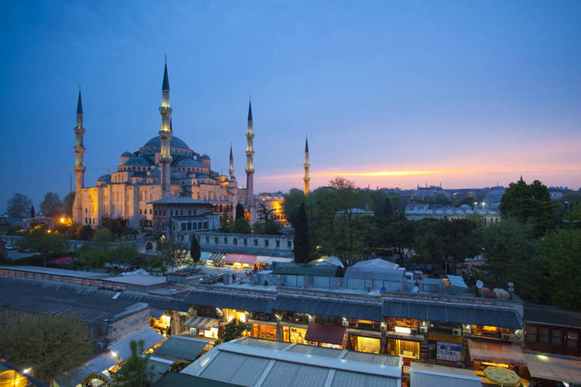 横图,俯视,室外,夜晚,旅游,城市,欧洲,亚洲,黄昏,摄影,宗教建筑,清真寺,土耳其文化,素檀阿梅特区,伊斯坦布尔,蓝色清真寺,彩图,高角度拍摄