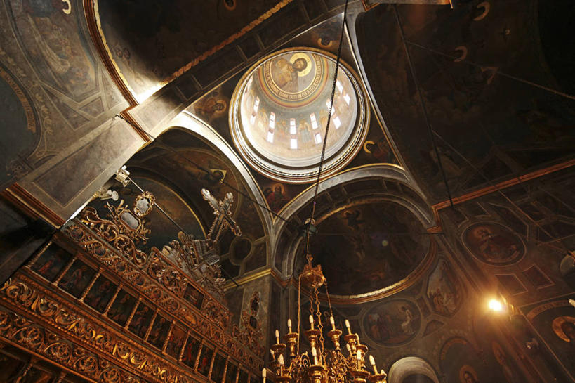 无人,教堂,横图,室内,建筑,欧洲,罗马尼亚,首都,黄金,摄影,宗教,基督教,圆顶建筑,水晶吊灯,布加勒斯特,彩图