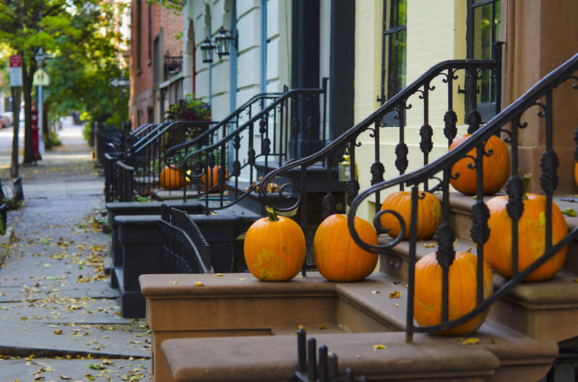 无人,栏杆,横图,室外,白天,城市,南瓜,纽约,美国,一排,整齐,装饰,人行道,台阶,排列,万圣节,摄影,队列,纽约州,彩图