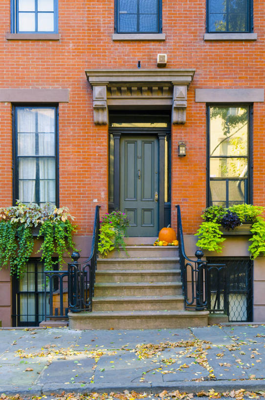 无人,竖图,室外,白天,植物,窗户,城市,南瓜,叶子,纽约,美国,装饰,公寓,人行道,万圣节,摄影,秋天,彩图,旅行