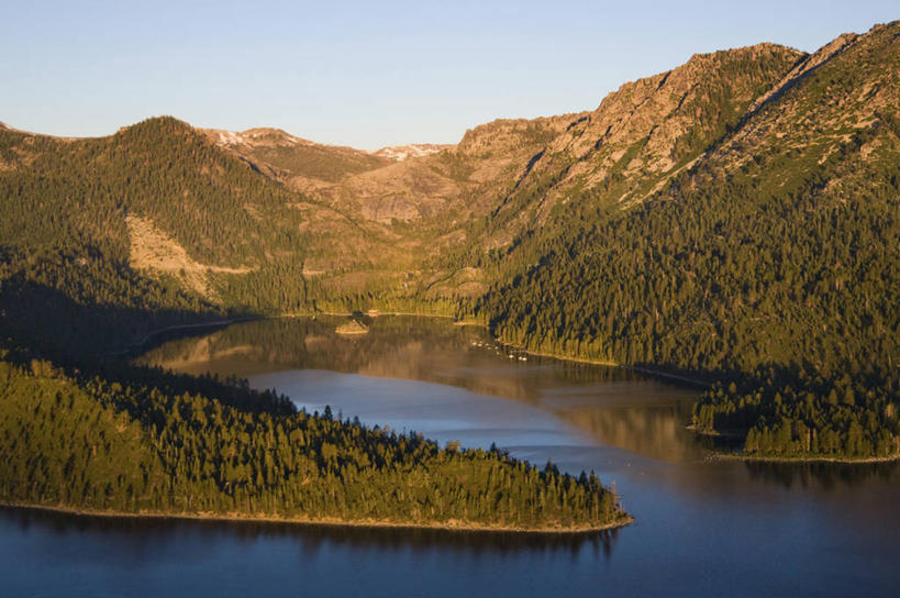 无人,横图,俯视,航拍,室外,日出,海洋,湖,山,水,美国,地形,黎明,山谷,风景,摄影,鸟瞰,加利福尼亚,太浩湖,彩图,高角度拍摄,翡翠湾