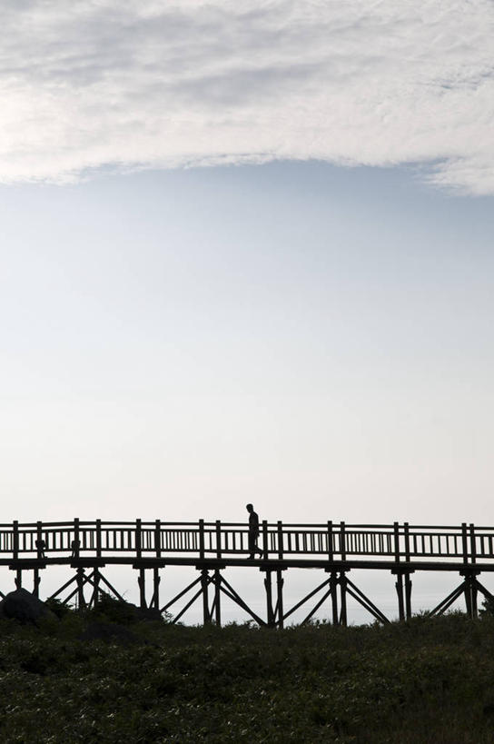 一个人,竖图,室外,白天,留白,北海道,日本,朦胧,模糊,日本文化,云,摄影,人行桥,剪影,逆光,知床半岛,知床国家公园,彩图,对焦