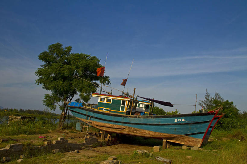 无人,横图,室外,白天,越南,云,渔船,草,树,自然,运输,摄影,宁静,搁浅,会安,彩图