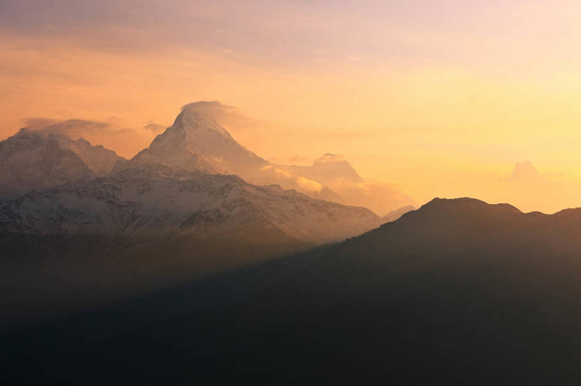 无人,横图,室外,日出,美景,山脉,雪山,尼泊尔,亚洲,地形,景观,云,风景,天空,自然,景色,寒冷,摄影,宁静,早晨,自然风光,剪影,彩图,鱼尾峰