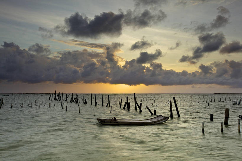 无人,横图,室外,台湾,水平线,云,天空,黄昏,木桩,运输,摄影,宁静,潟湖,彩图,舢板