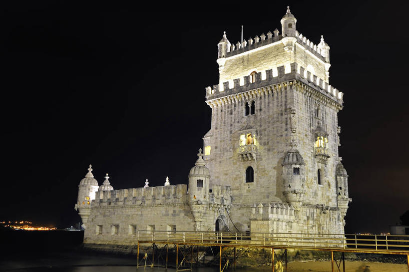 无人,码头,横图,室外,夜晚,建筑,葡萄牙,塔,首都,历史,里斯本,天空,摄影,照亮,彩图