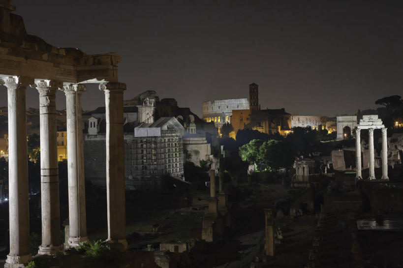 无人,横图,室外,夜晚,建筑,意大利,柱子,首都,历史,废墟,树,天空,地标建筑,摄影,意大利文化,古罗马广场,彩图