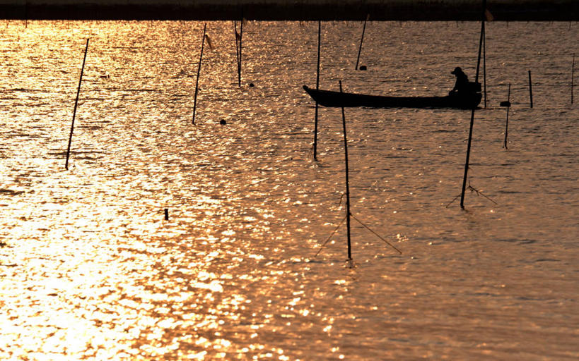 一个人,横图,室外,湖,日落,船,日本,反射,木制,自然,运输,摄影,宁静,剪影,茨城县,彩图