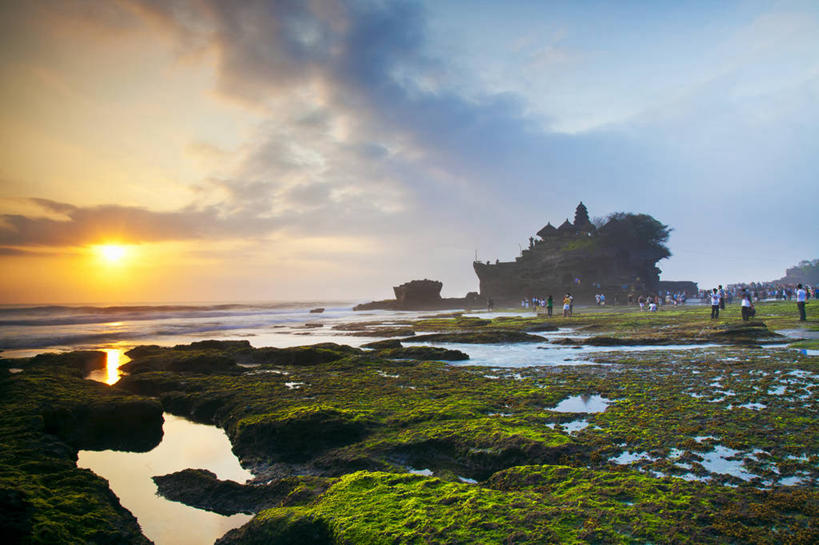 横图,室外,海洋,美景,日落,印度尼西亚,景观,陆地,水平线,云,废墟,草,天空,自然,景色,摄影,宁静,自然风光,海神庙,岩石,彩图