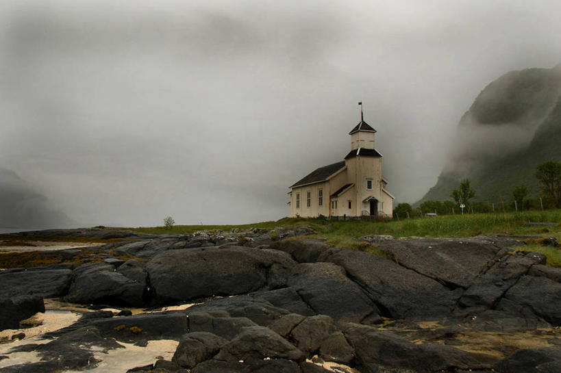 无人,教堂,横图,室外,白天,山,雾,建筑,挪威,树,自然,摄影,宁静,基督教,岩石,彩图